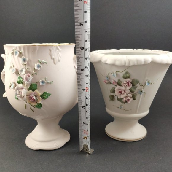 Japan L'Amour China Vases Set of 2, VTG Ceramic Planters Applied Flowers 6" - Picture 10 of 12